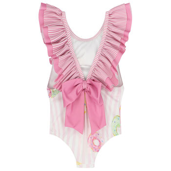 Girls White & Pink Striped Donuts Swimsuits